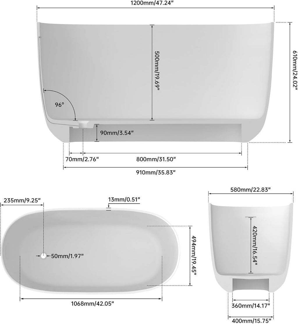 47-Inch Solid Surface Freestanding Bathtub – Matte White Stone Resin Oval Soaking Tub
