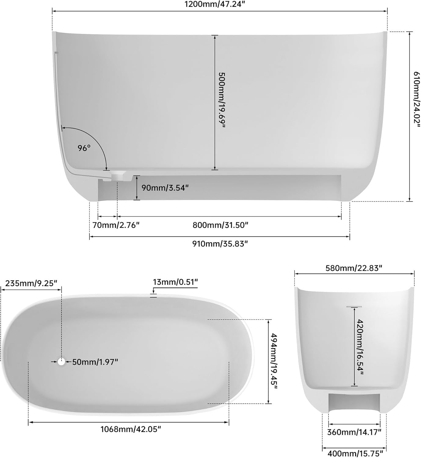 47-Inch Solid Surface Freestanding Bathtub – Matte White Stone Resin Oval Soaking Tub