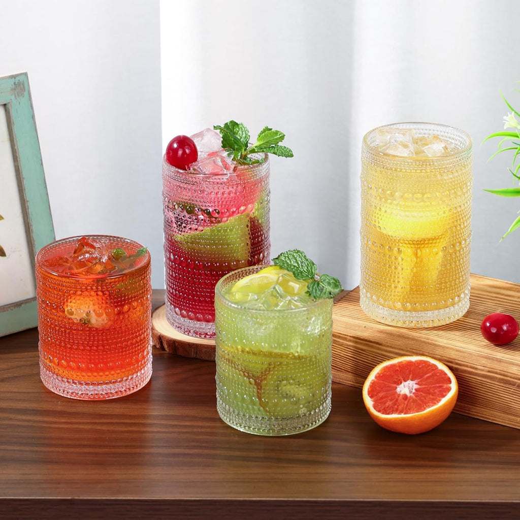 Moretoes Hobnail Drinking Glasses Set of 6 | 12 oz Highball & 10 oz Cocktail Glasses | Vintage Embossed Clear Glassware