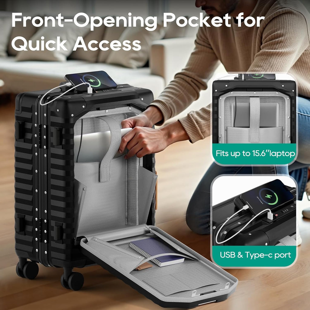 Joyway 20 Inch Carry On Luggage Aluminum Frame | Front Pocket Hardshell Suitcase with USB Port Cup Holder TSA Lock
