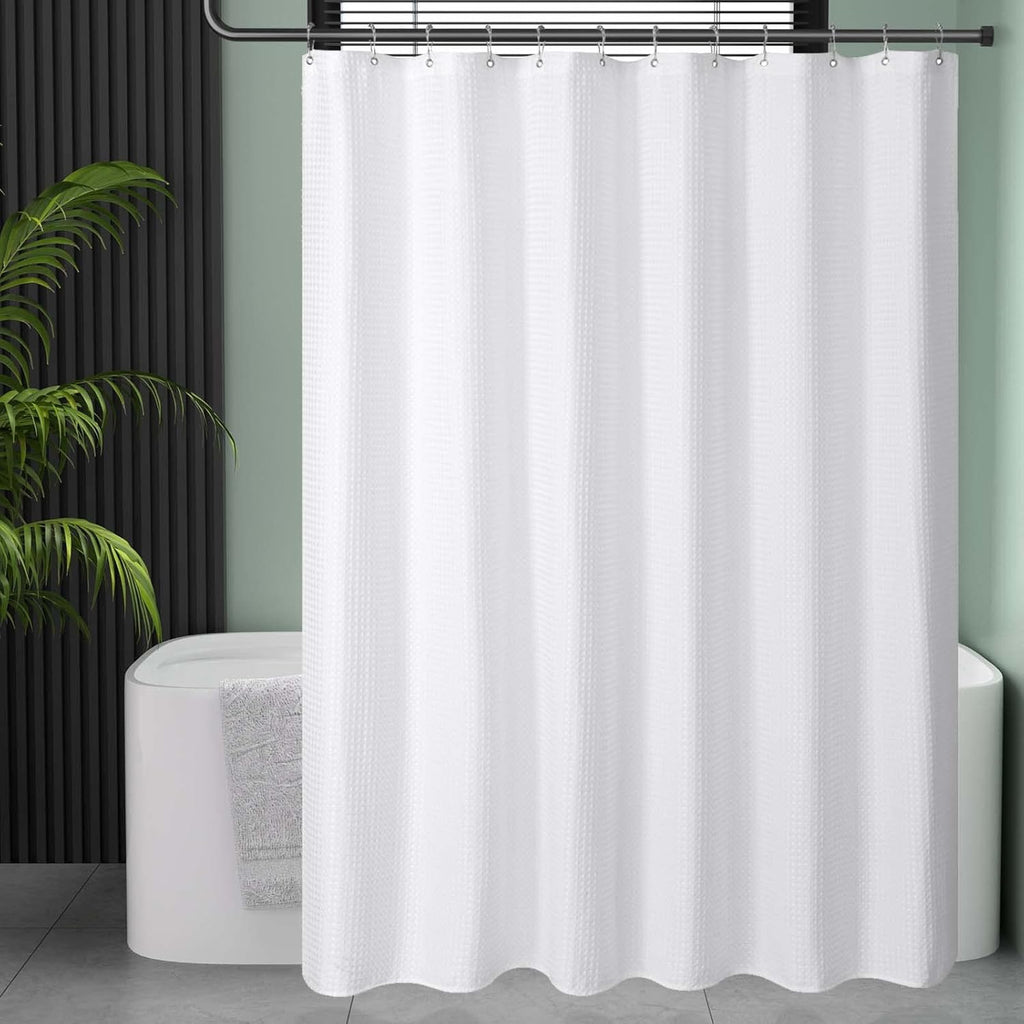 AmazerBath White Waffle Shower Curtain 72x72 | Heavy Duty Hotel Quality Fabric Bathroom Curtain Premium Polyester