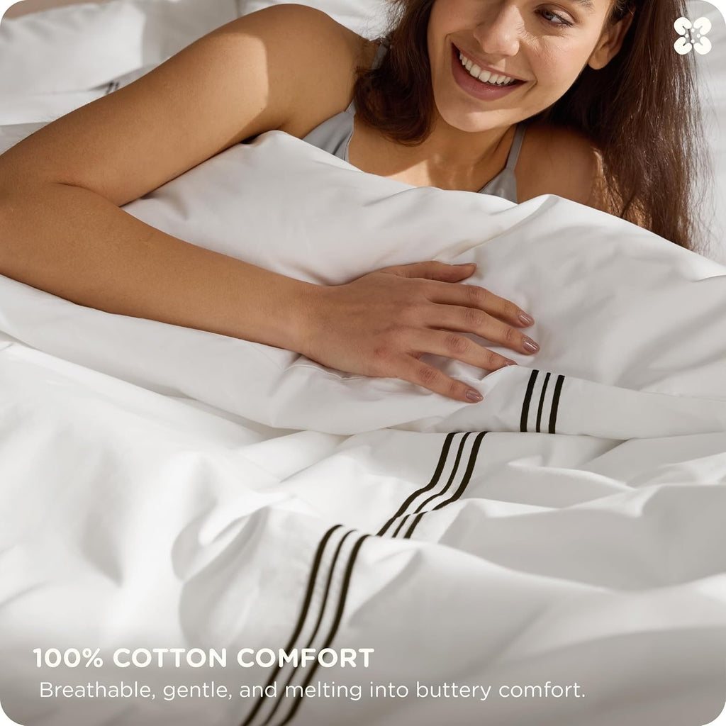 Bedsure Luxury Hotel Cotton Duvet Cover Set | White Frame Embroidery Bedding – Queen