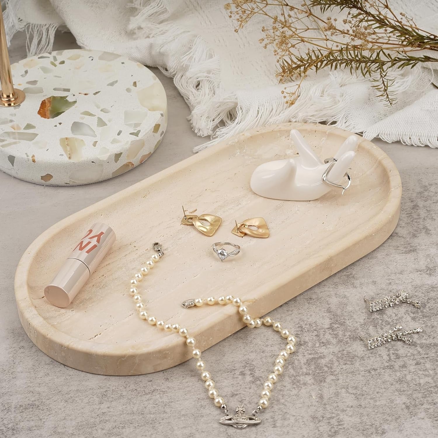 Koville Italian Travertine Tray 12” x 6” | Decorative Vanity Marble Catchall for Perfume, Candles & Jewelry