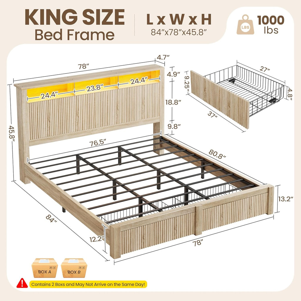 CypBed King Storage Bed Frame | Wood Platform Bed with LED Headboard & Charging Station