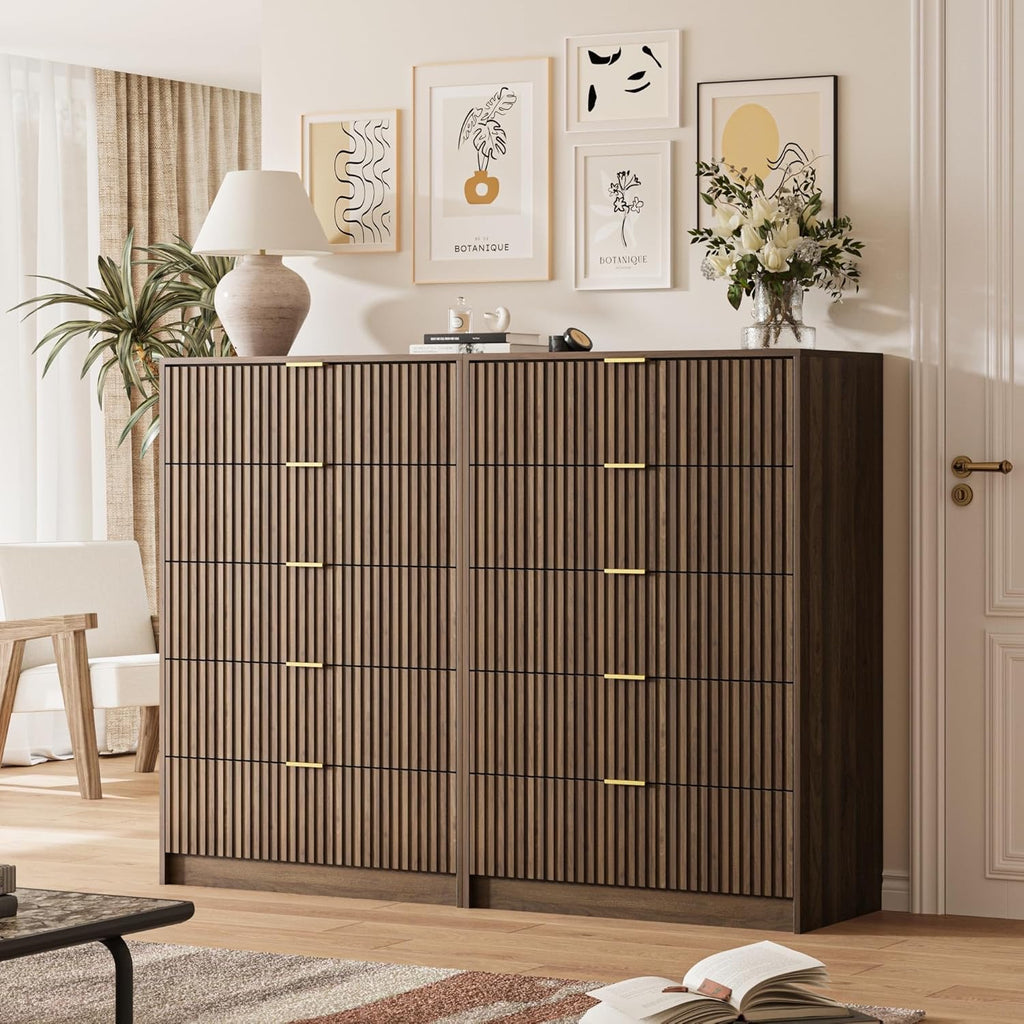 MAISONARIA Walnut 3-Piece Living Room Set | 5 Drawer Dresser + 2 Nightstands | Hidden Handle Modern Storage