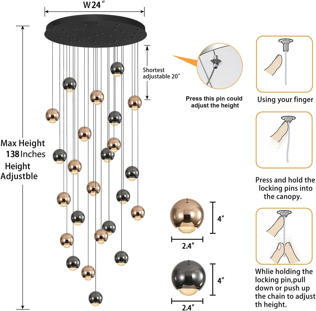 ykolupty 24 Light LED Staircase Chandelier Black Gold | Modern Crystal High Ceiling Entryway Lighting Dimmable 2700K-6000K