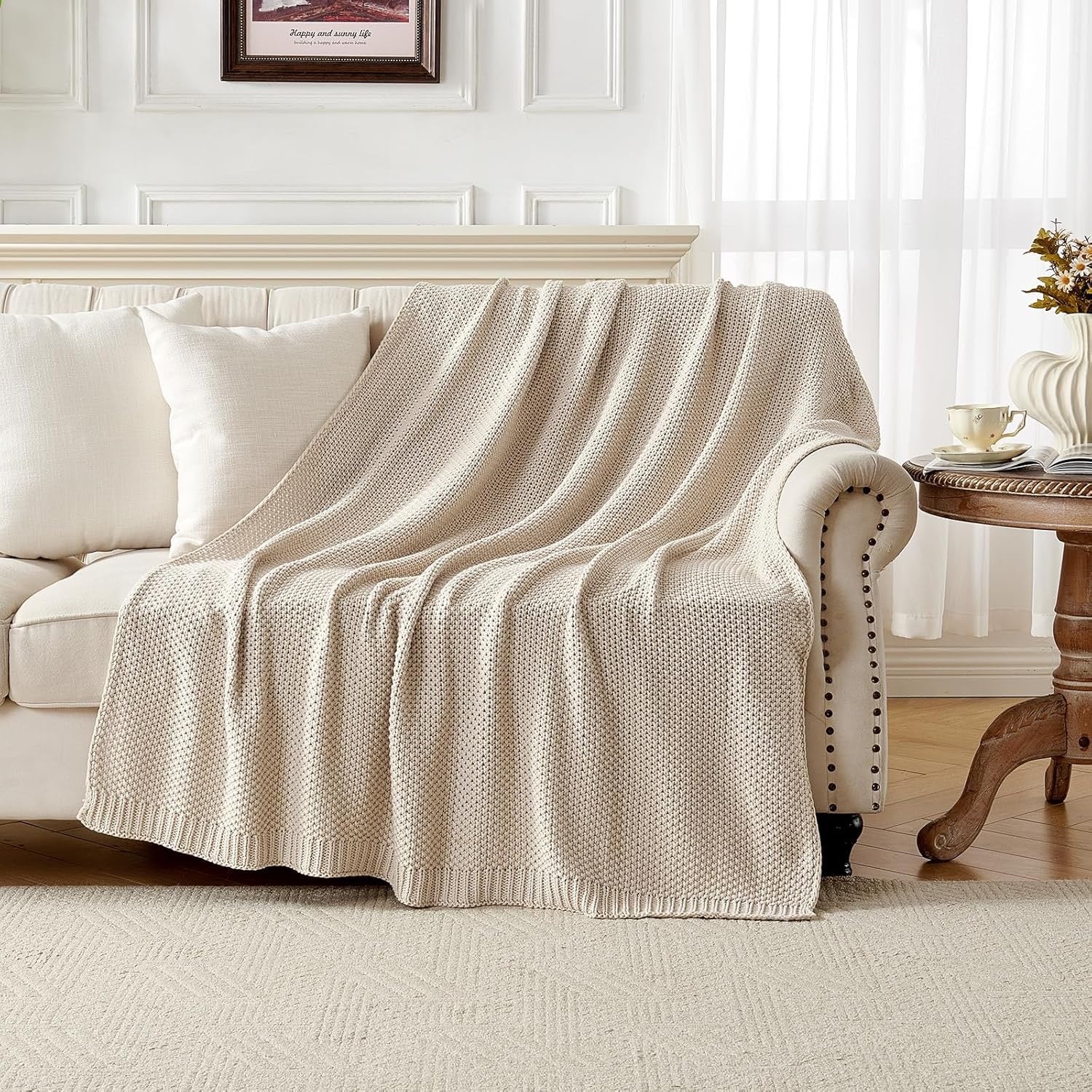 Joydeco Chunky Cable Knit Throw Blanket | Organic Cotton Cozy Knit Blanket (Beige, 51” x 63”)
