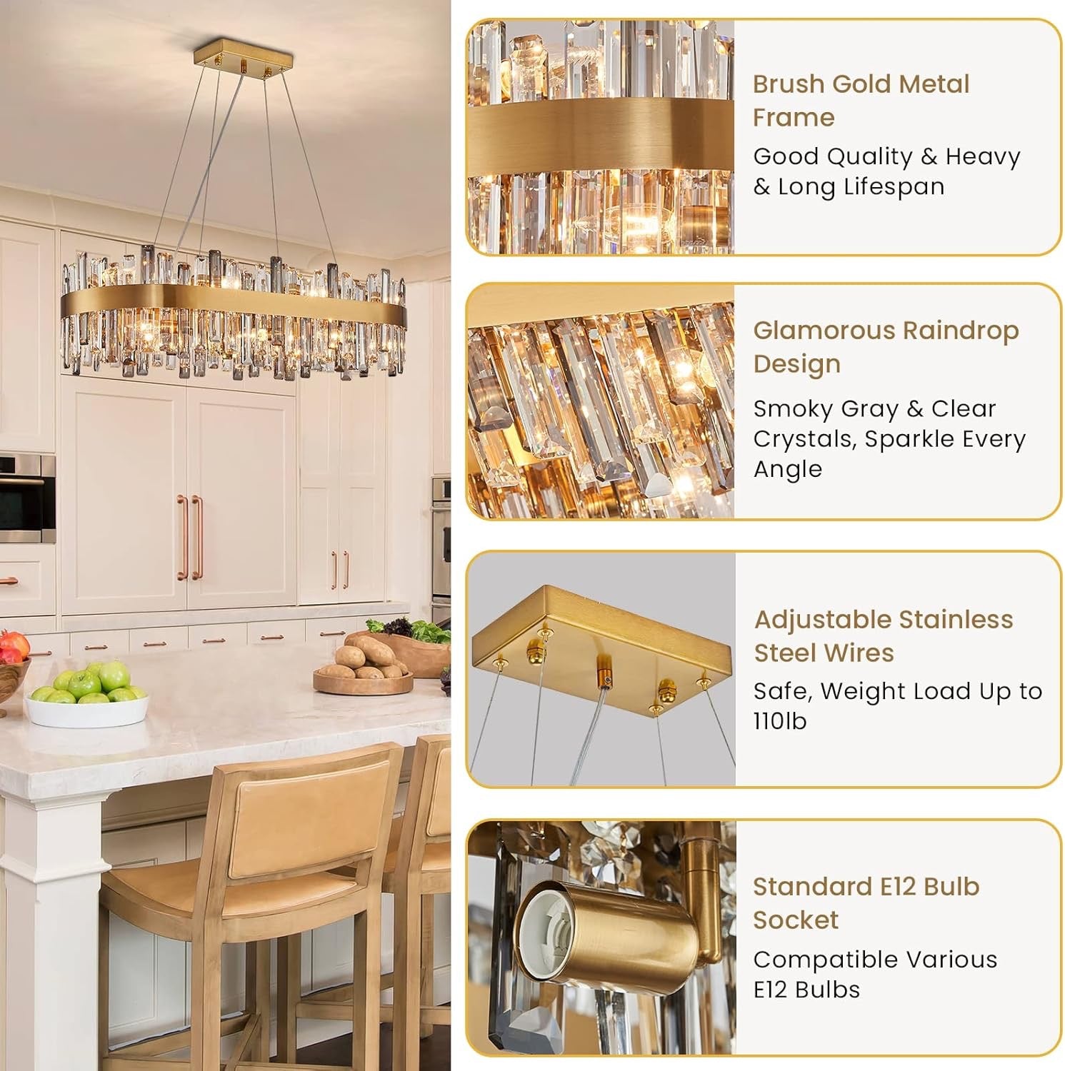 Siljoy 16-Light Modern Crystal Chandelier | Luxury Brushed Gold Raindrop Pendant Light (35.4″)