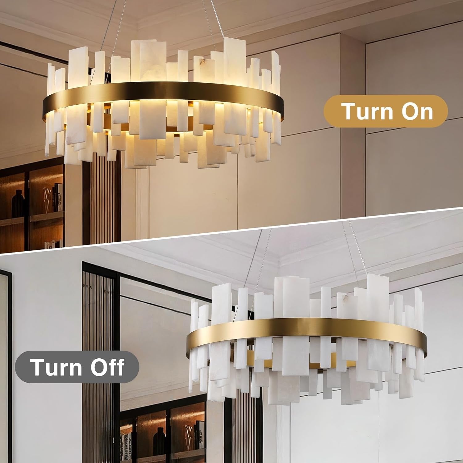 31.5” Alabaster Round Chandelier | Natural Spanish Stone Modern Luxury Ceiling Light