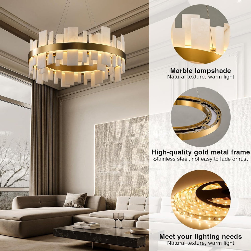 31.5” Alabaster Round Chandelier | Natural Spanish Stone Modern Luxury Ceiling Light