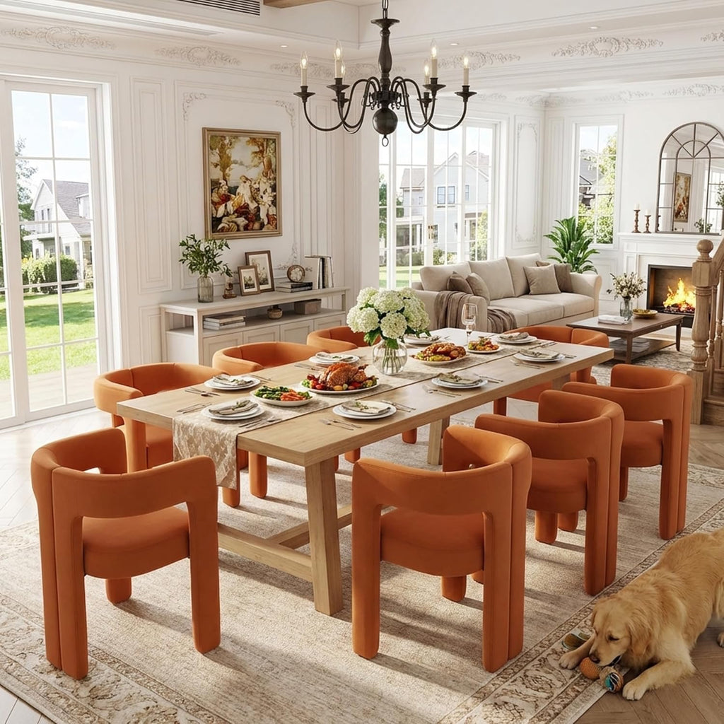 VESCASA Modern Barrel Dining Chairs Set of 6 | Orange Velvet Open-Back Upholstered Armchairs with Wood Legs