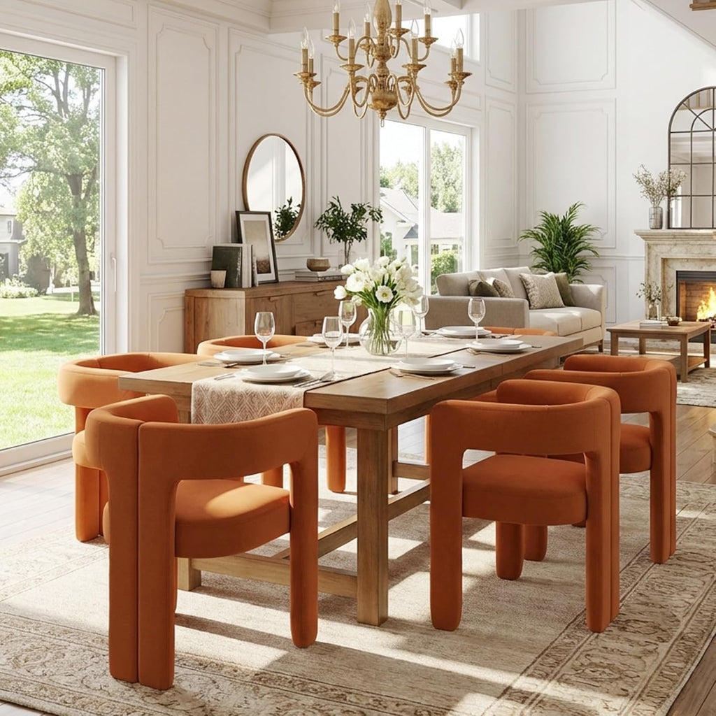 VESCASA Modern Barrel Dining Chairs Set of 6 | Orange Velvet Open-Back Upholstered Armchairs with Wood Legs