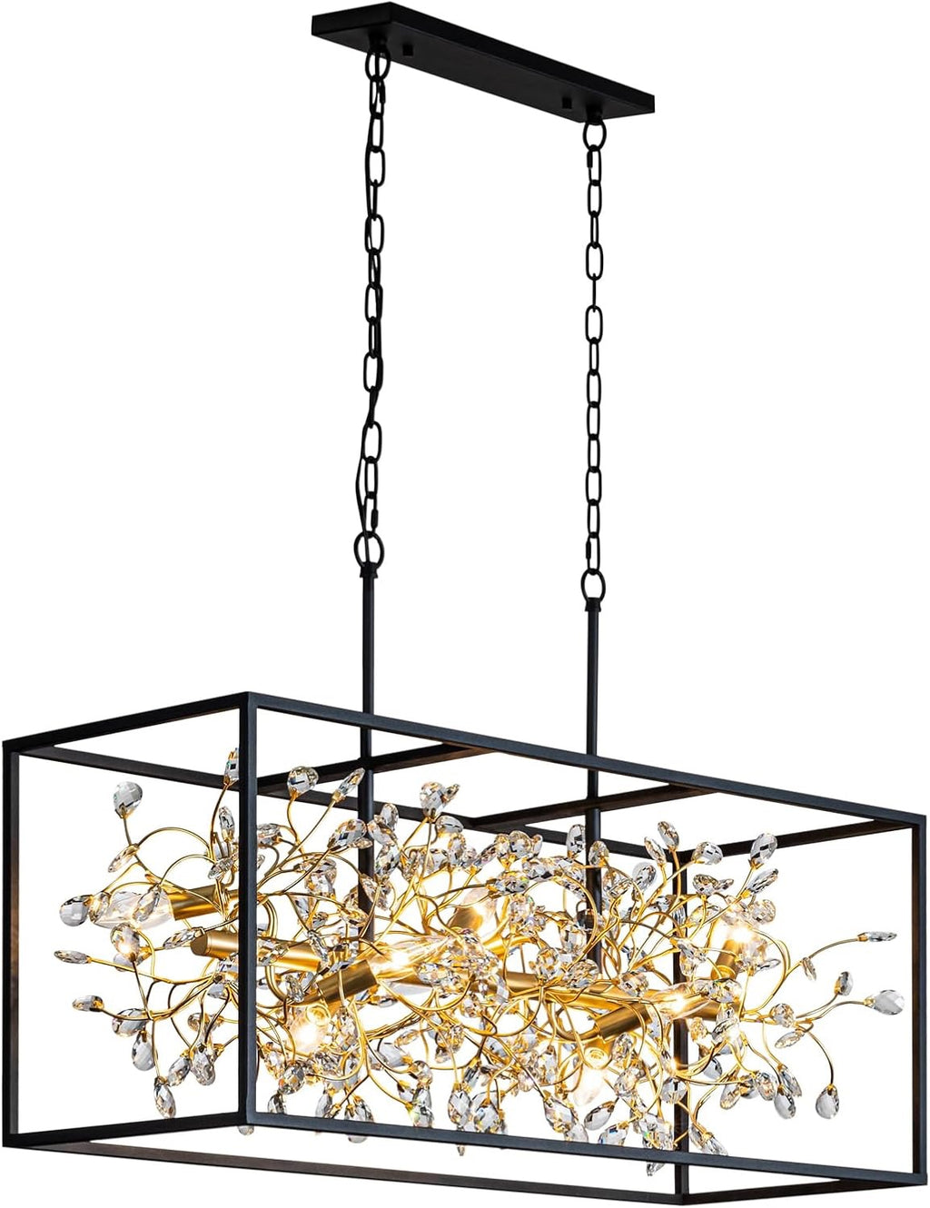 Vezzio 8-Light Black & Gold Rectangular Crystal Chandelier | Modern Farmhouse Pendant Light (38.5″)