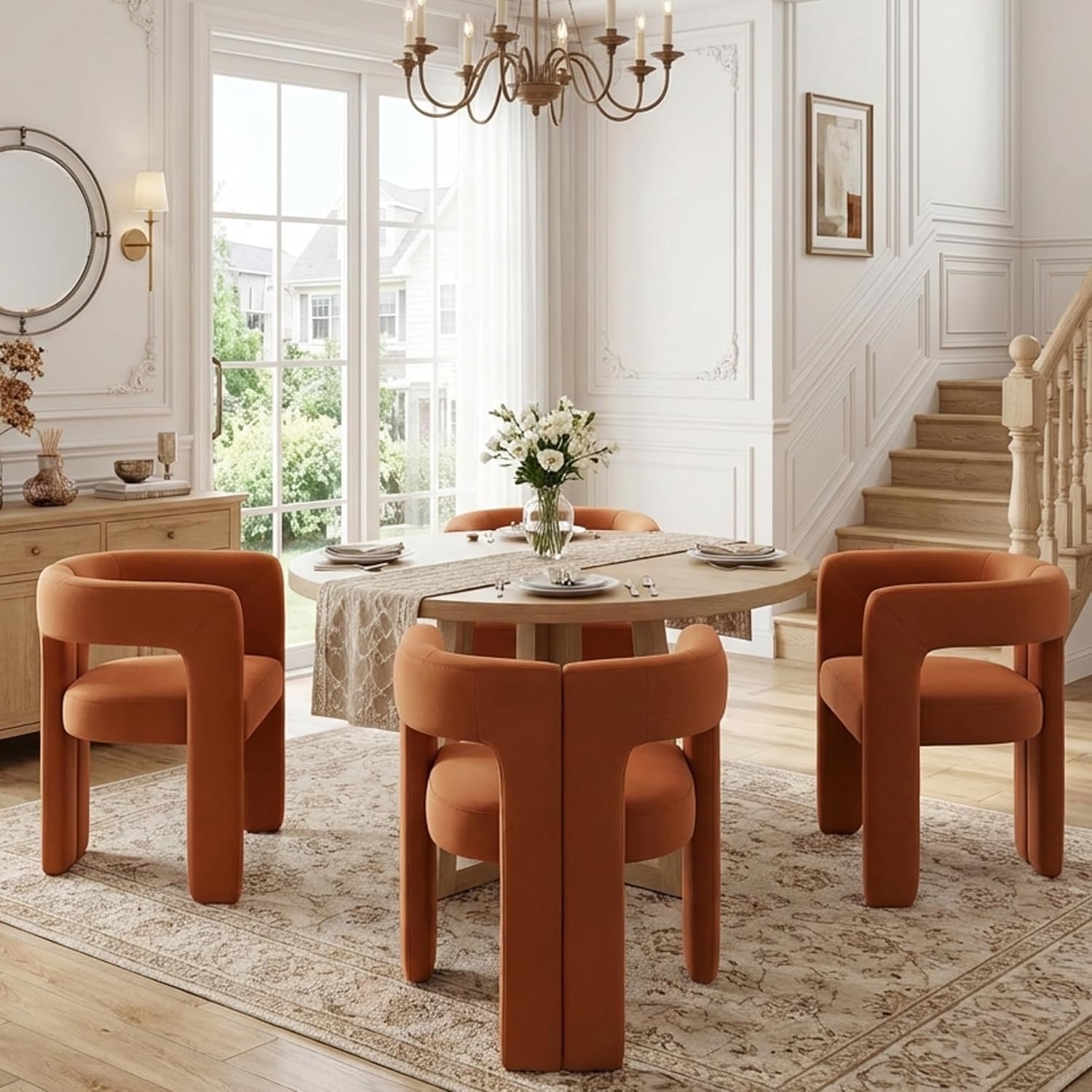 VESCASA Modern Barrel Dining Chairs Set of 6 | Orange Velvet Open-Back Upholstered Armchairs with Wood Legs