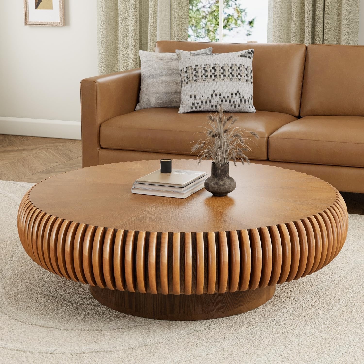 39.3” Modern Fluted Drum Coffee Table | Round Walnut Wood Contemporary Center Table