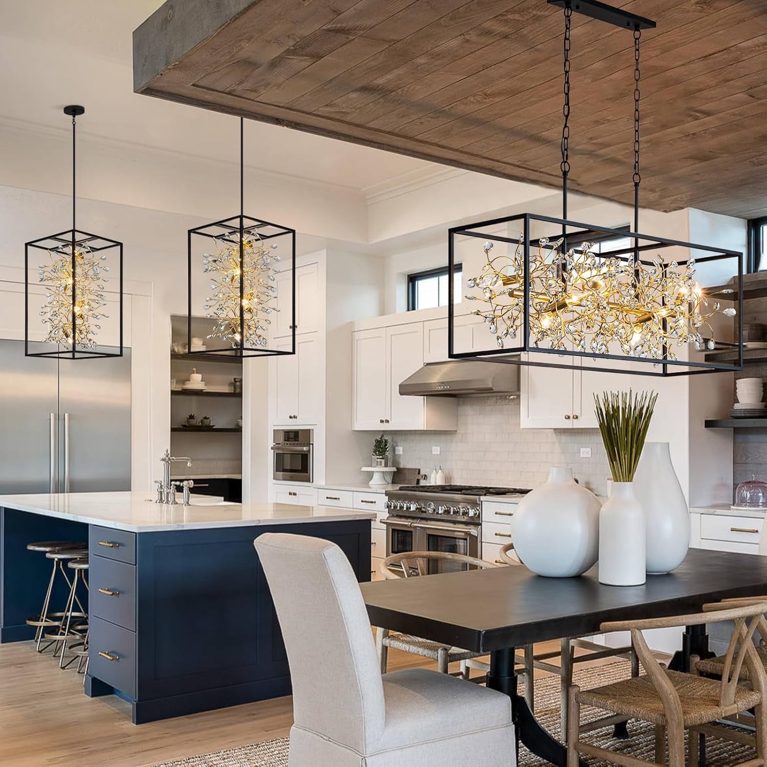 Vezzio 8-Light Black & Gold Rectangular Crystal Chandelier | Modern Farmhouse Pendant Light (38.5″)