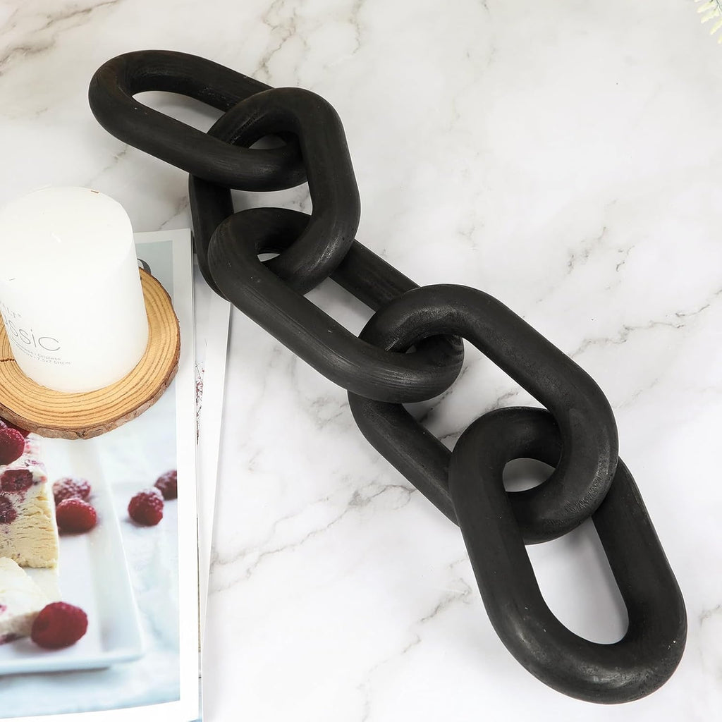 HMASYO Black Wood Chain Link Decor | 5-Link Wooden Sculptural Coffee Table Accent