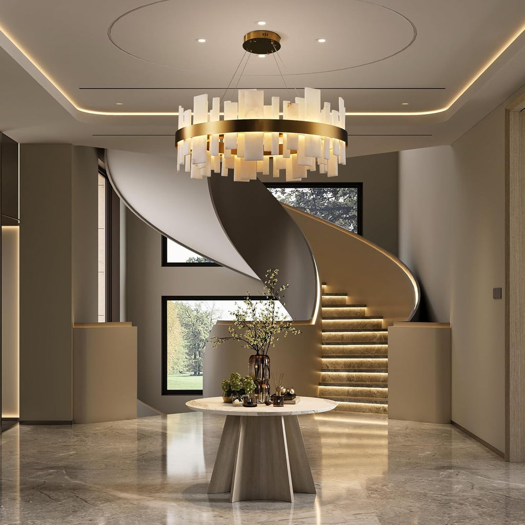 31.5” Alabaster Round Chandelier | Natural Spanish Stone Modern Luxury Ceiling Light