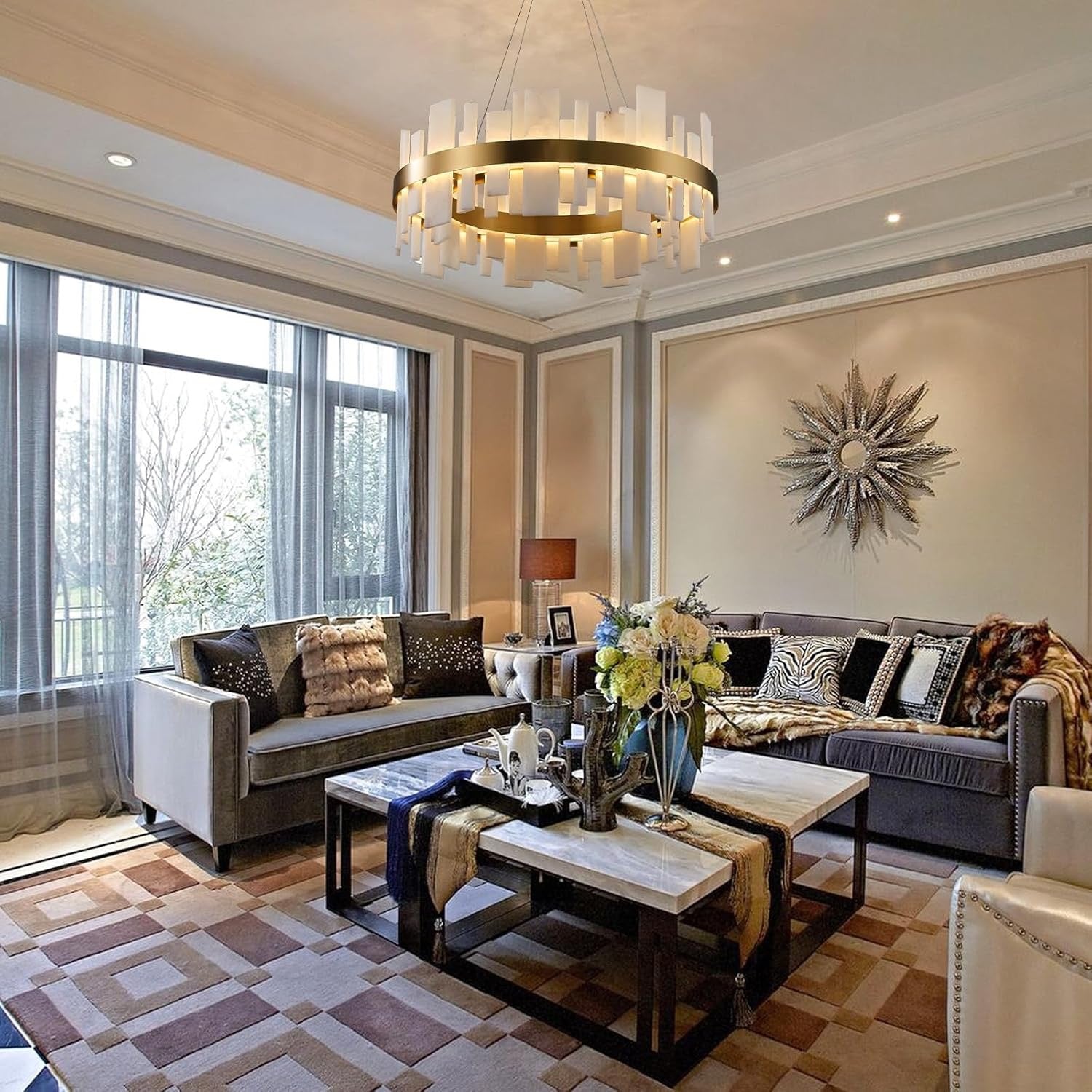 31.5” Alabaster Round Chandelier | Natural Spanish Stone Modern Luxury Ceiling Light