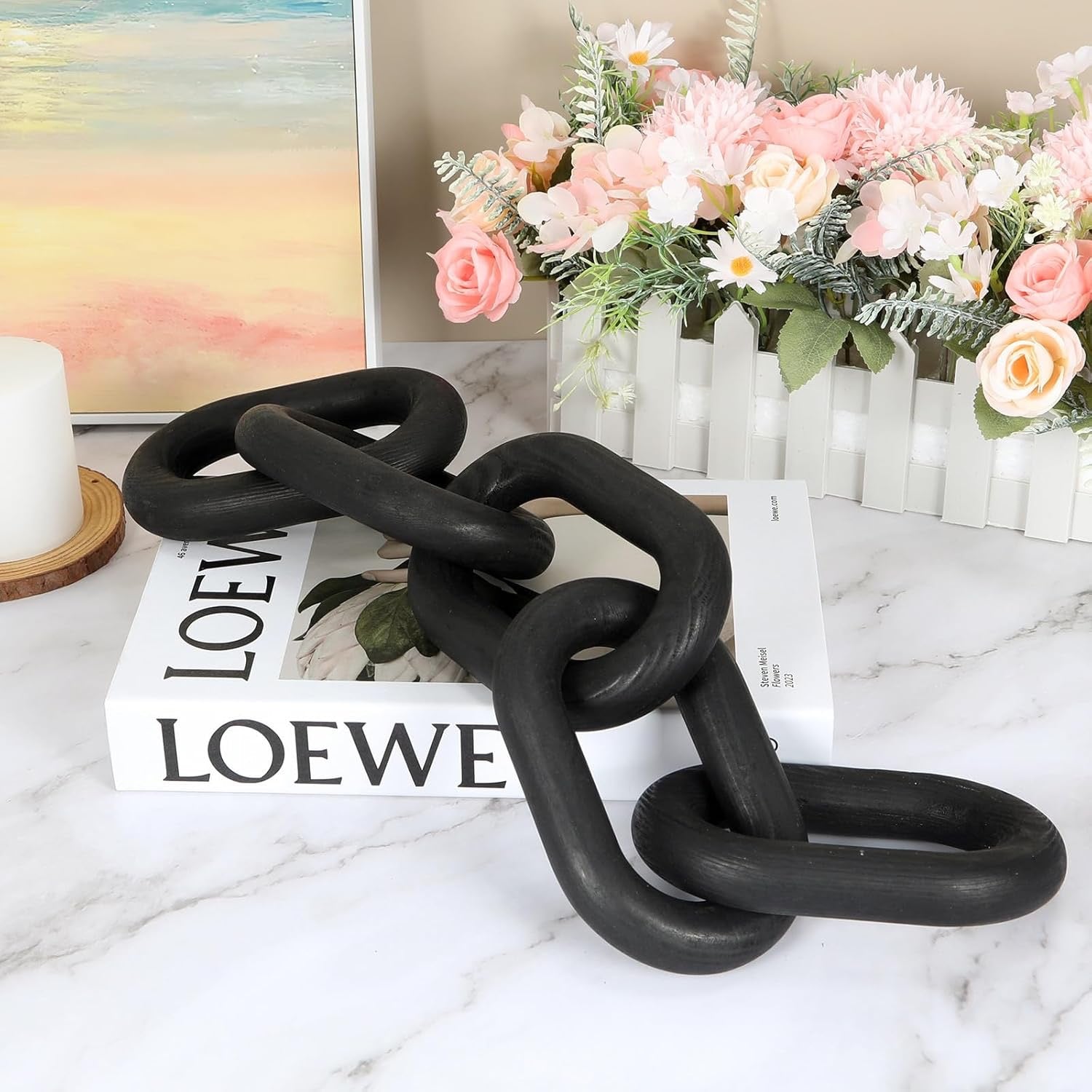 HMASYO Black Wood Chain Link Decor | 5-Link Wooden Sculptural Coffee Table Accent