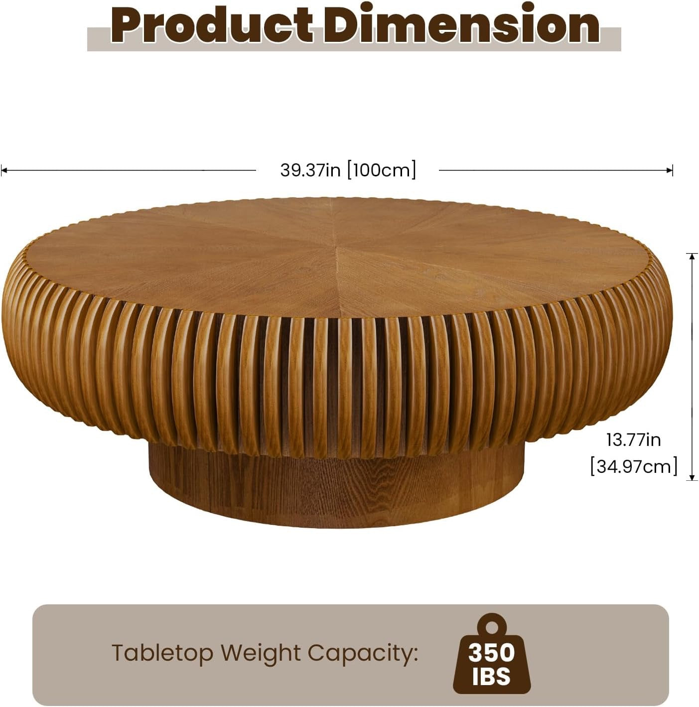 39.3” Modern Fluted Drum Coffee Table | Round Walnut Wood Contemporary Center Table