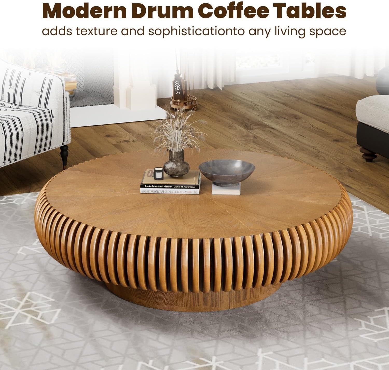 39.3” Modern Fluted Drum Coffee Table | Round Walnut Wood Contemporary Center Table