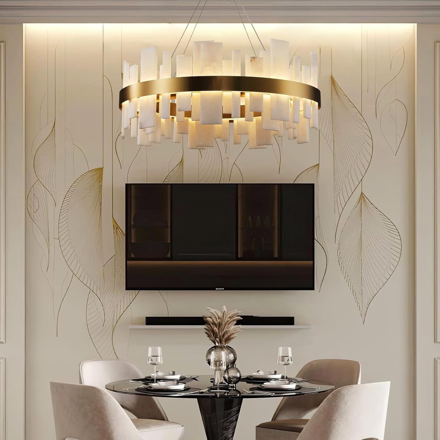 31.5” Alabaster Round Chandelier | Natural Spanish Stone Modern Luxury Ceiling Light