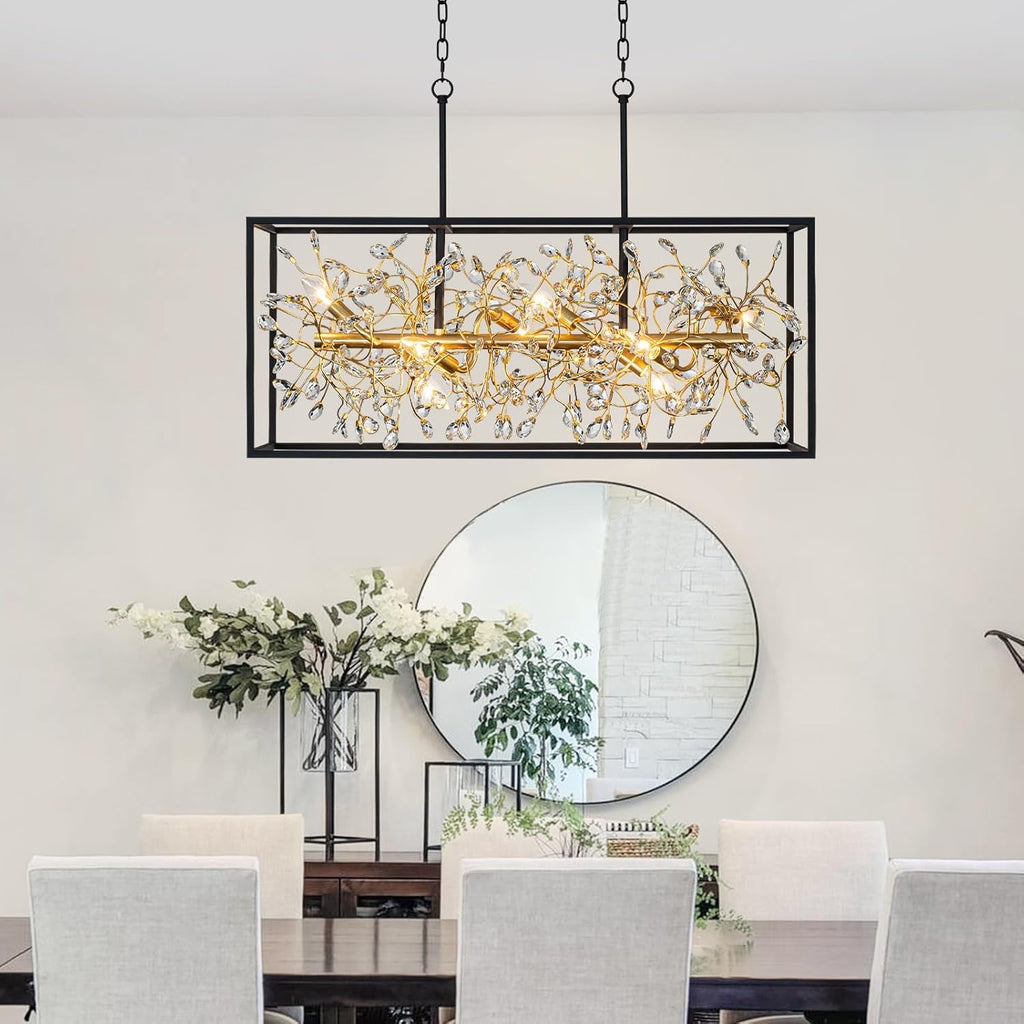 Vezzio 8-Light Black & Gold Rectangular Crystal Chandelier | Modern Farmhouse Pendant Light (38.5″)