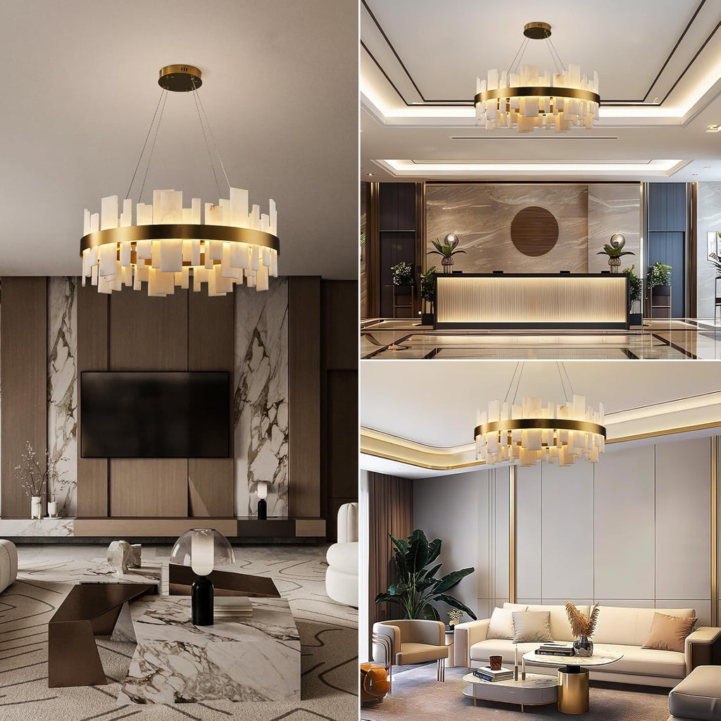 31.5” Alabaster Round Chandelier | Natural Spanish Stone Modern Luxury Ceiling Light