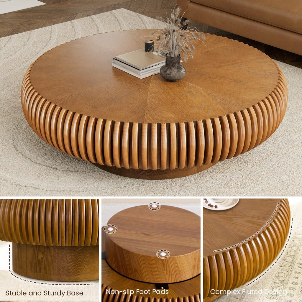 39.3” Modern Fluted Drum Coffee Table | Round Walnut Wood Contemporary Center Table