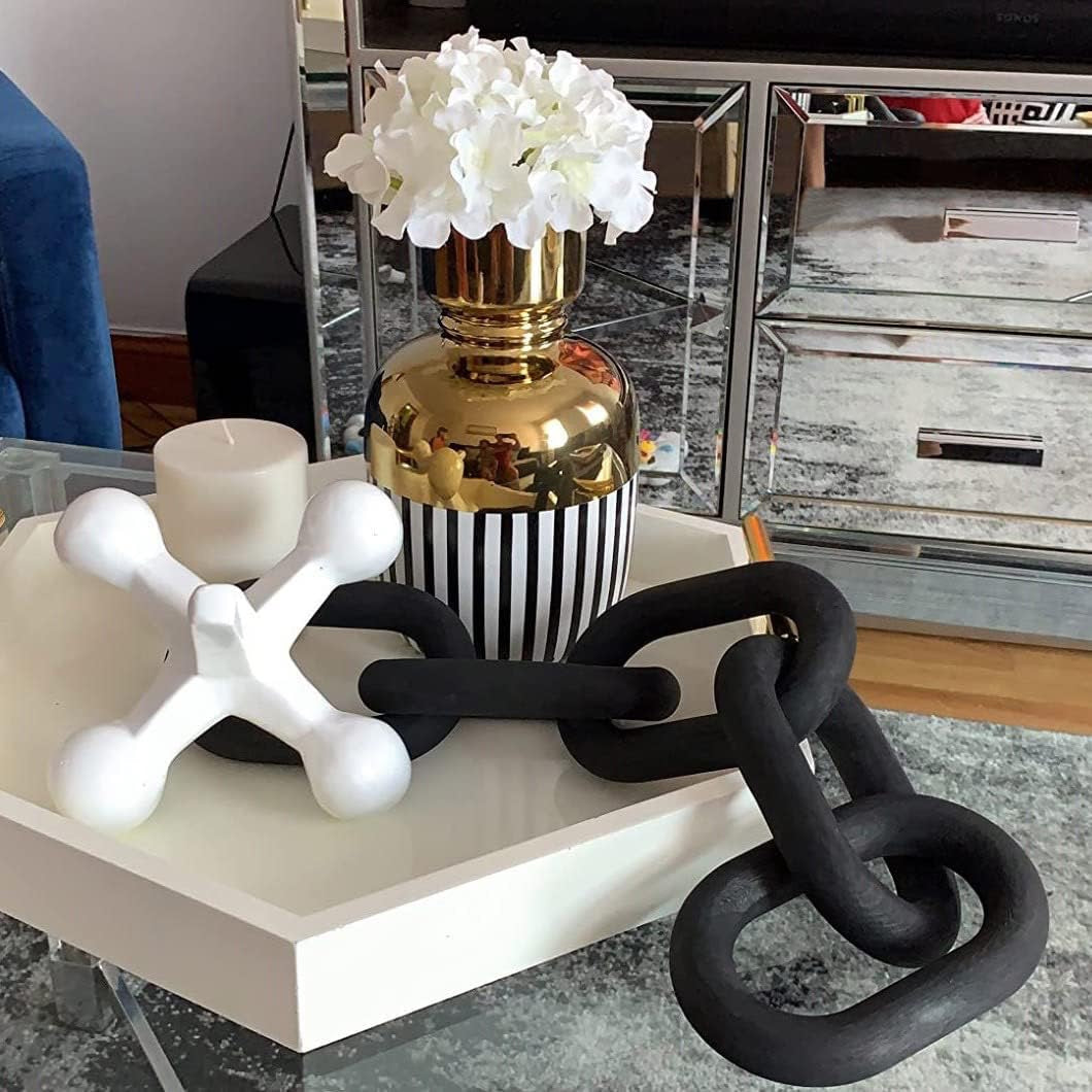 HMASYO Black Wood Chain Link Decor | 5-Link Wooden Sculptural Coffee Table Accent