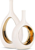 White & Gold Ceramic Hollow Circle Vase | Modern Minimalist Decorative Vase for Shelf & Mantle