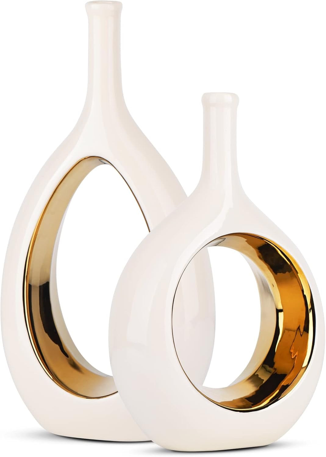 White & Gold Ceramic Hollow Circle Vase | Modern Minimalist Decorative Vase for Shelf & Mantle
