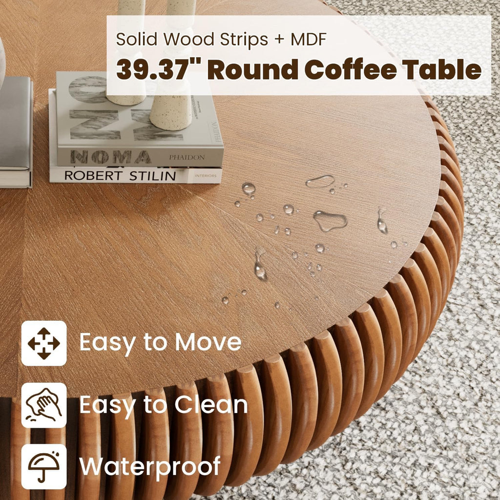 39.3” Modern Fluted Drum Coffee Table | Round Walnut Wood Contemporary Center Table