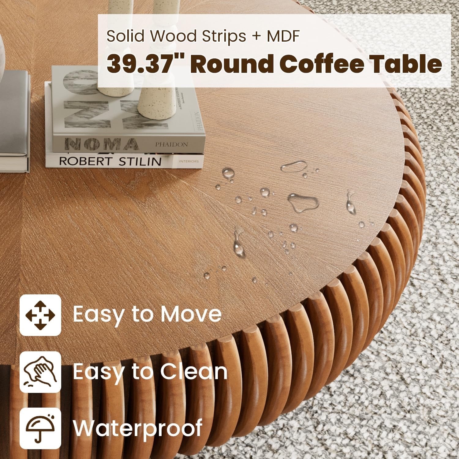 39.3” Modern Fluted Drum Coffee Table | Round Walnut Wood Contemporary Center Table