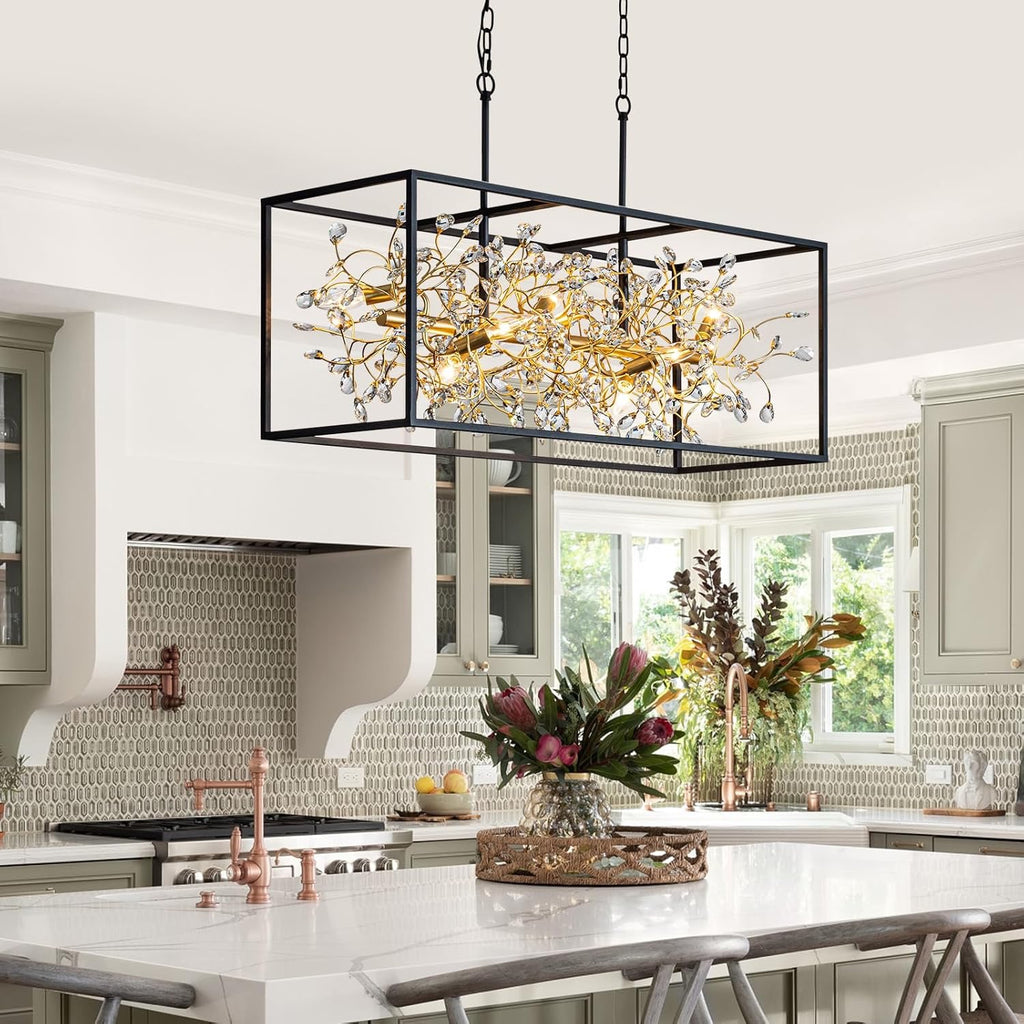 Vezzio 8-Light Black & Gold Rectangular Crystal Chandelier | Modern Farmhouse Pendant Light (38.5″)