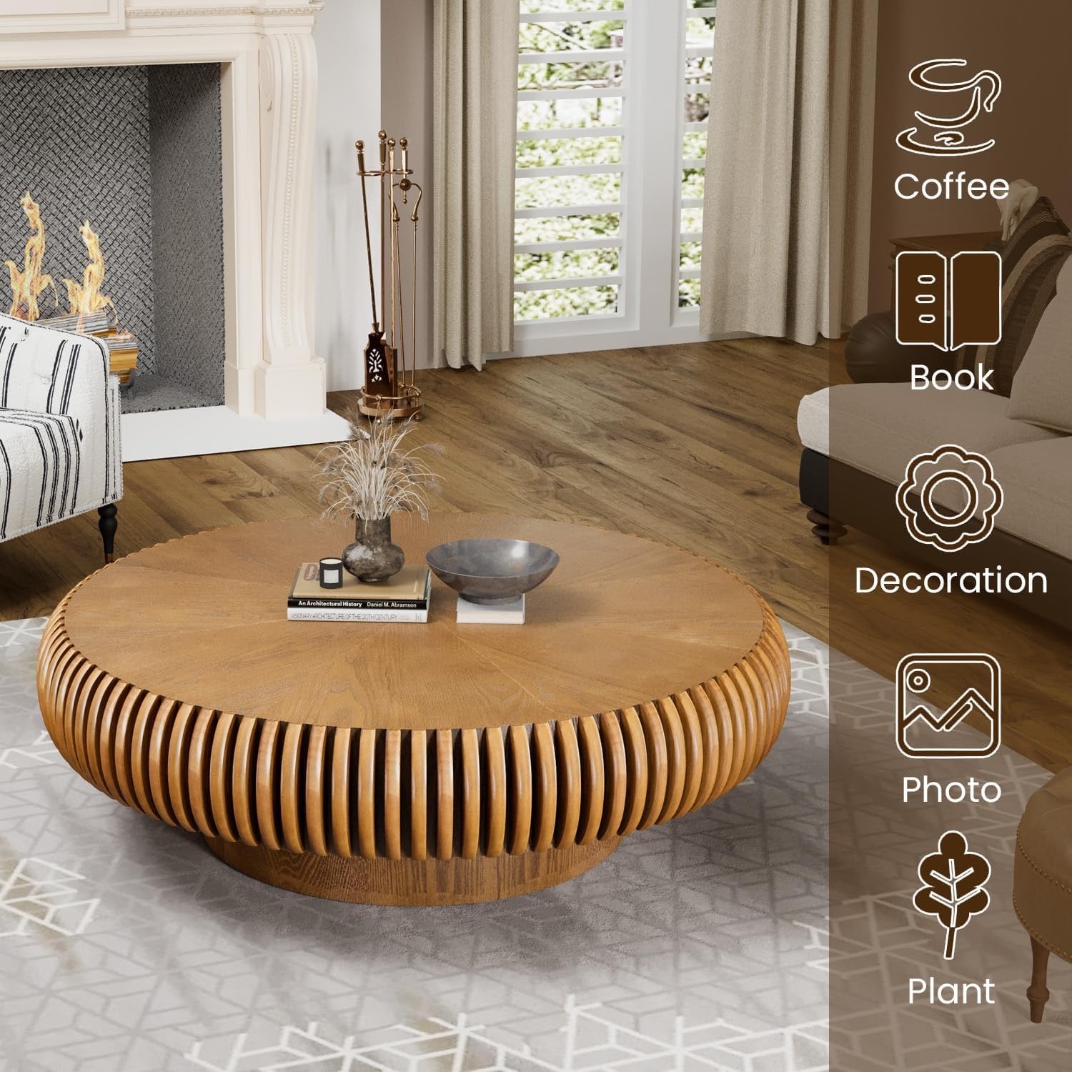 39.3” Modern Fluted Drum Coffee Table | Round Walnut Wood Contemporary Center Table