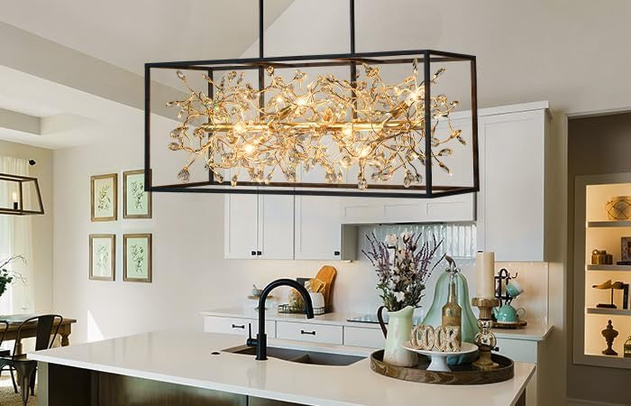 Vezzio 8-Light Black & Gold Rectangular Crystal Chandelier | Modern Farmhouse Pendant Light (38.5″)