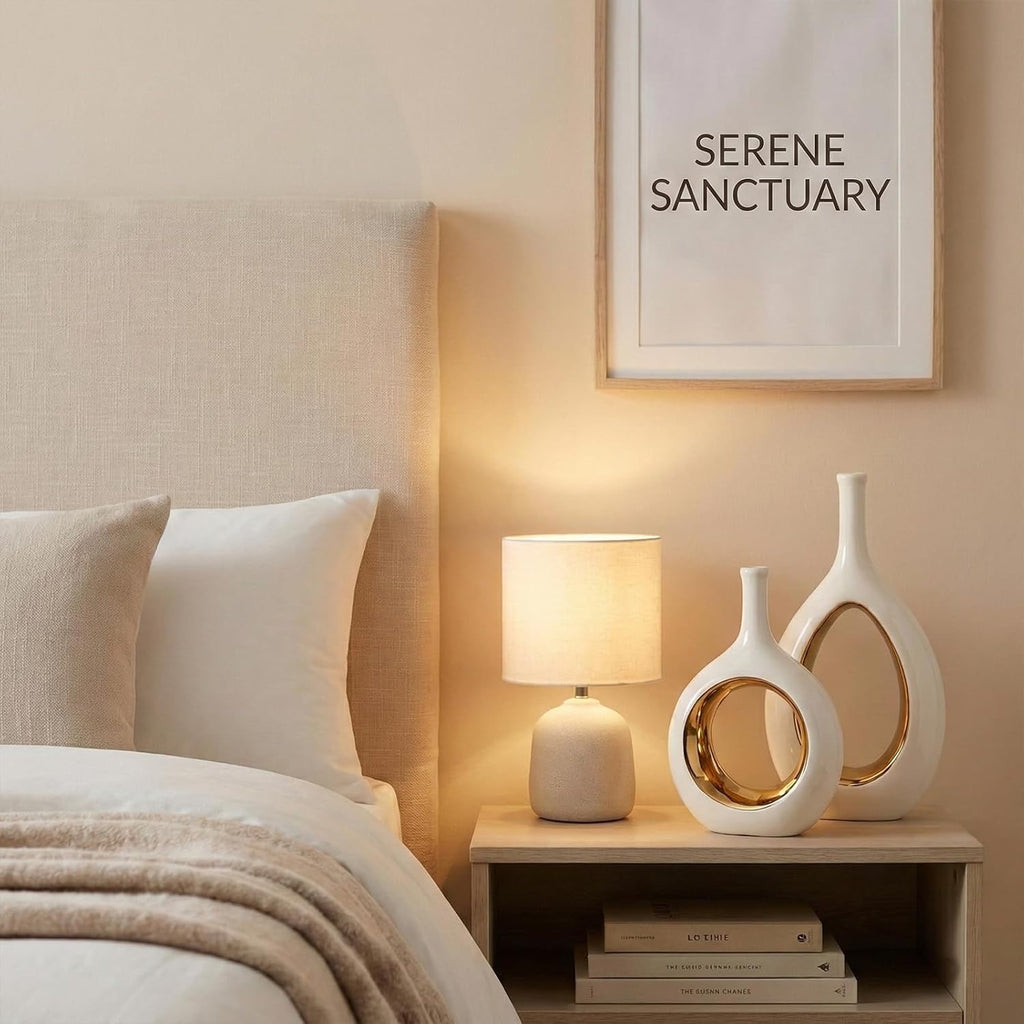 White & Gold Ceramic Hollow Circle Vase | Modern Minimalist Decorative Vase for Shelf & Mantle
