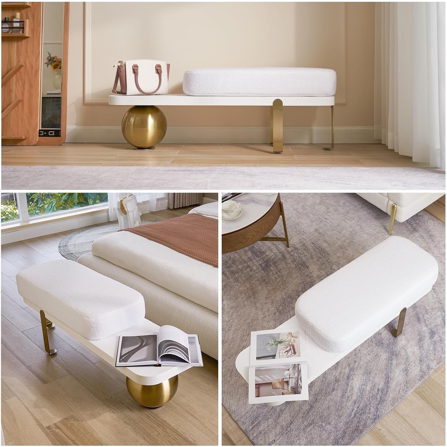Homary Modern Boucle Entryway Bench – Upholstered Wooden Bench with Abstract Metal Legs