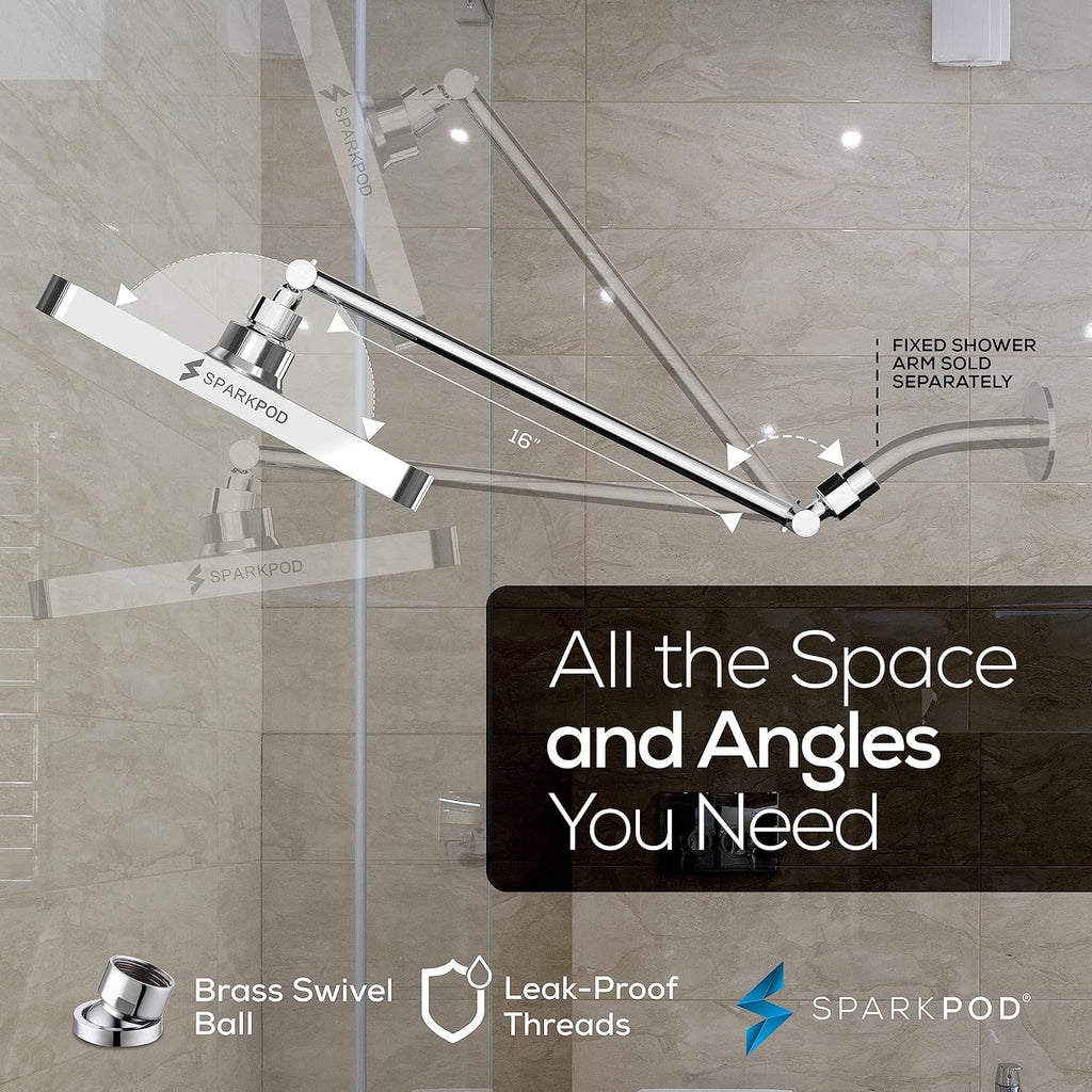 SparkPod Square Rain Shower Head with 16” Extension Arm | High-Pressure Chrome Rainfall Showerhead