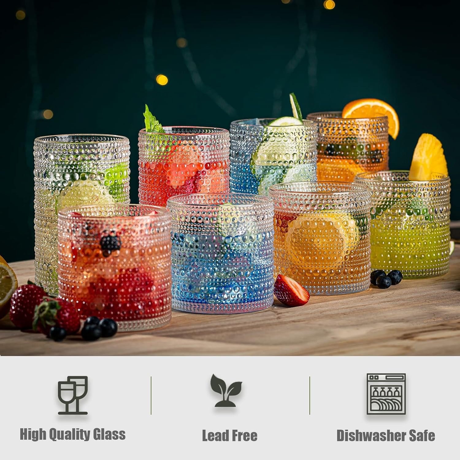 Hobnail Drinking Glasses Set (8-Piece) | Embossed 12oz Highball & Rocks Cocktail Glassware