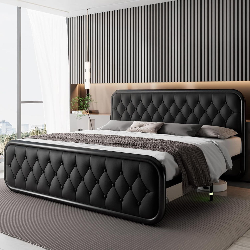 Feonase King Upholstered Platform Bed | Faux Leather Headboard with Metal Slat Support – Black