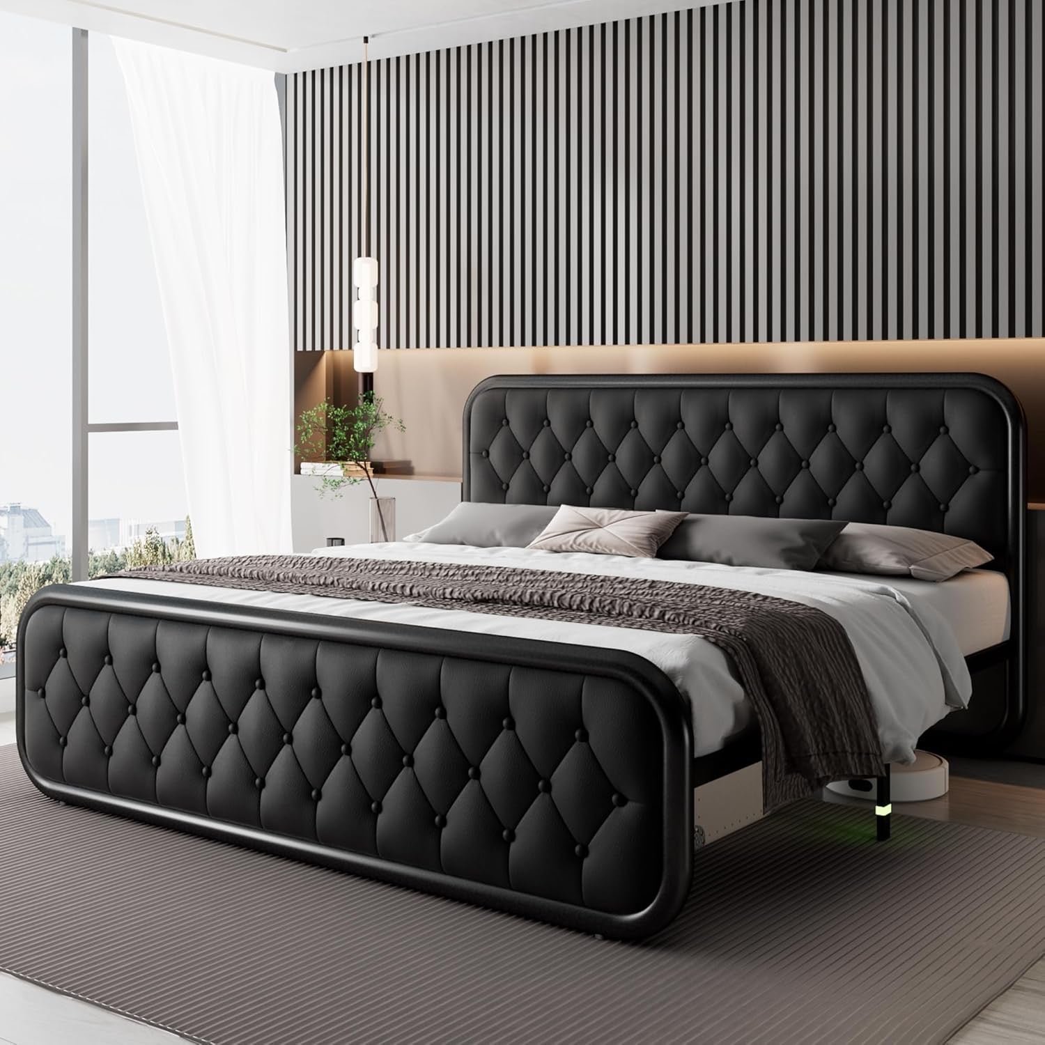 Feonase King Upholstered Platform Bed | Faux Leather Headboard with Metal Slat Support – Black