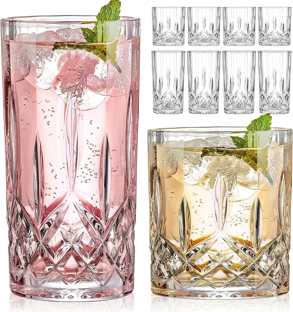 Crystal Drinking Glasses Set of 8 | 11oz Highball & Whiskey Glasses (Modern Mixed Cocktail Glassware Set)