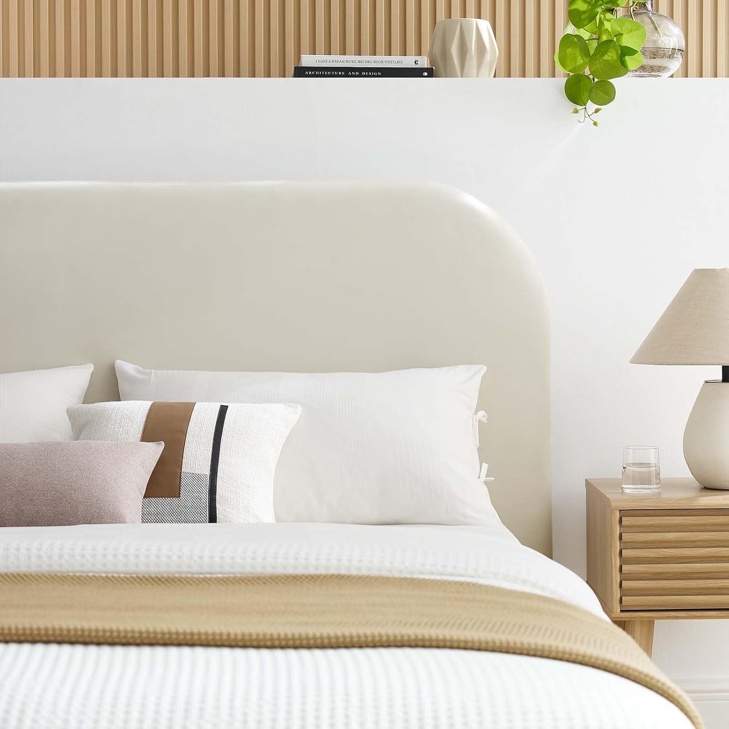 Modway Keynote King Upholstered Platform Bed | Curved Low-Profile Alabaster Velvet Cloud Frame