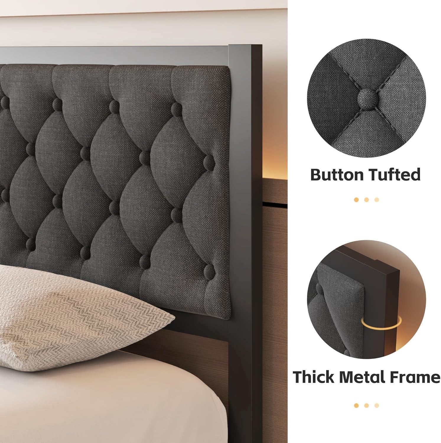 Queen Linen Upholstered Platform Bed Frame | Metal Slat Support Bed with Headboard (Grey)
