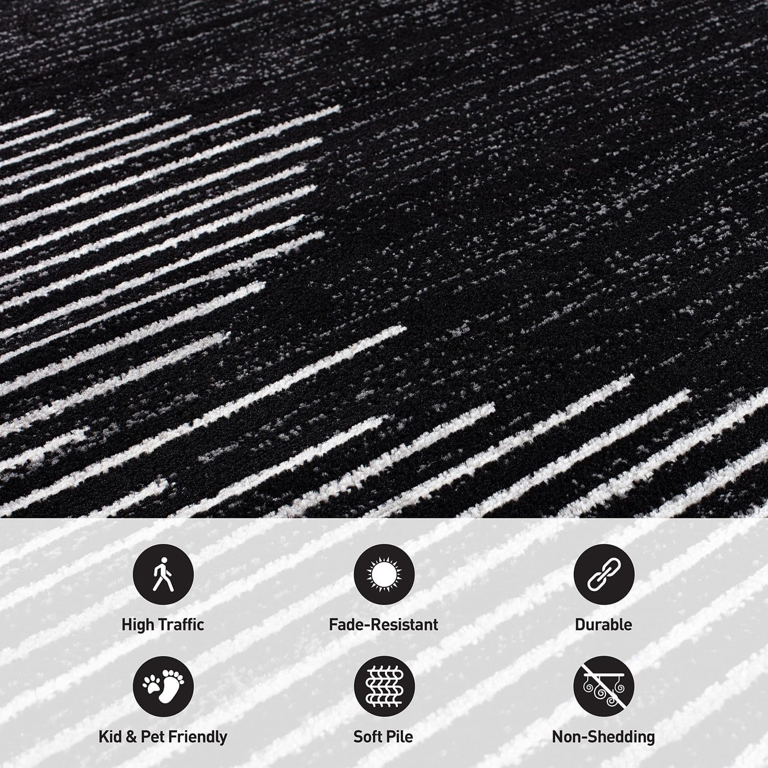 Rugshop Bohemian Stripe Runner Rug | Black 2' x 10' Stain-Resistant Runner