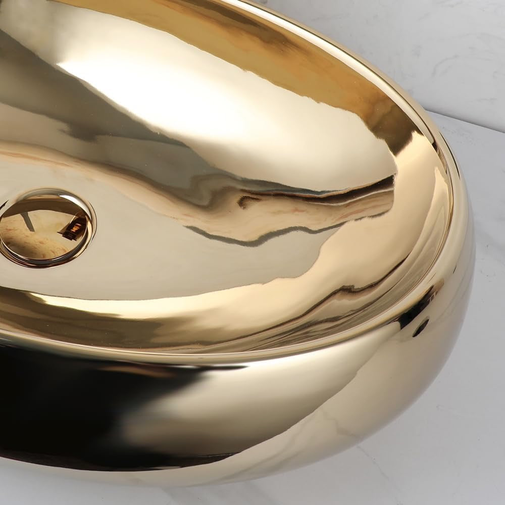 23 Inch Gold Ceramic Vessel Sink with Waterfall Faucet | Oval Above Counter Bathroom Sink with Pop-Up Drain