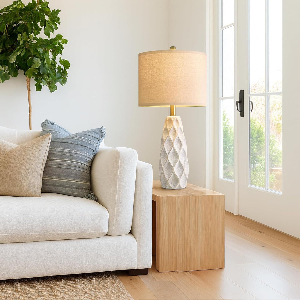 27.5″ Ceramic Table Lamps (Set of 2) | Modern Boho Bedside & Living Room Lamps (White)